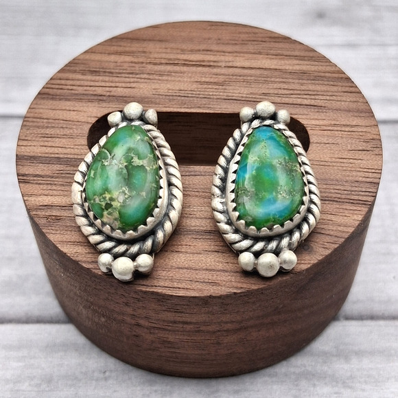 Southwestern Navajo Style Sonoran Gold Turquoise Stud Earrings Sterling Silver